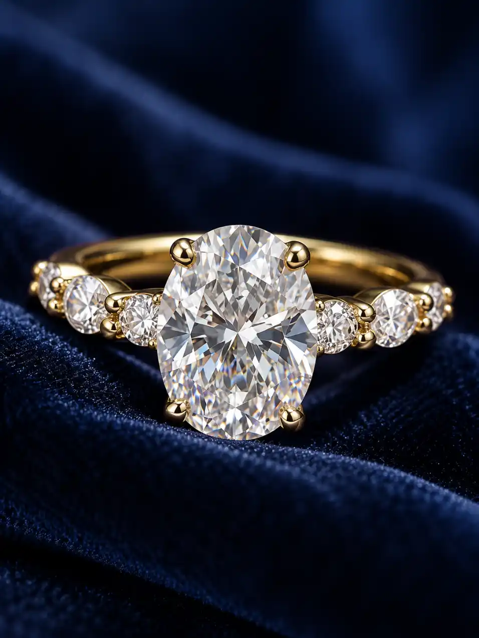 Luxury gold diamond ring macro product photography on deep navy blue velvet with detailed gemstone and setting focus.