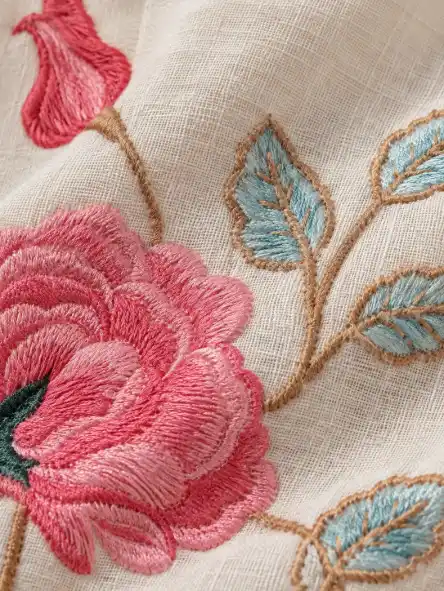 Extreme macro close-up of ivory woven fabric with pink floral embroidery, blue leaves, tan stems, visible threads, stitching, and detailed textile weave.