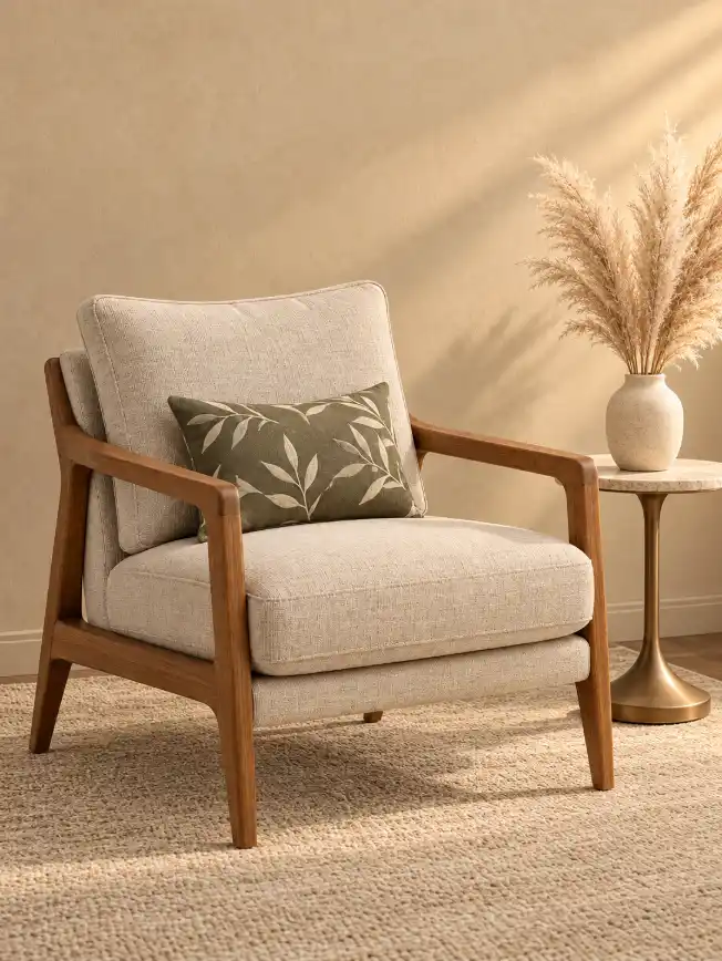 Minimal interior product photography scene with pedestal side table, ceramic vase, pampas grass and soft directional lighting.