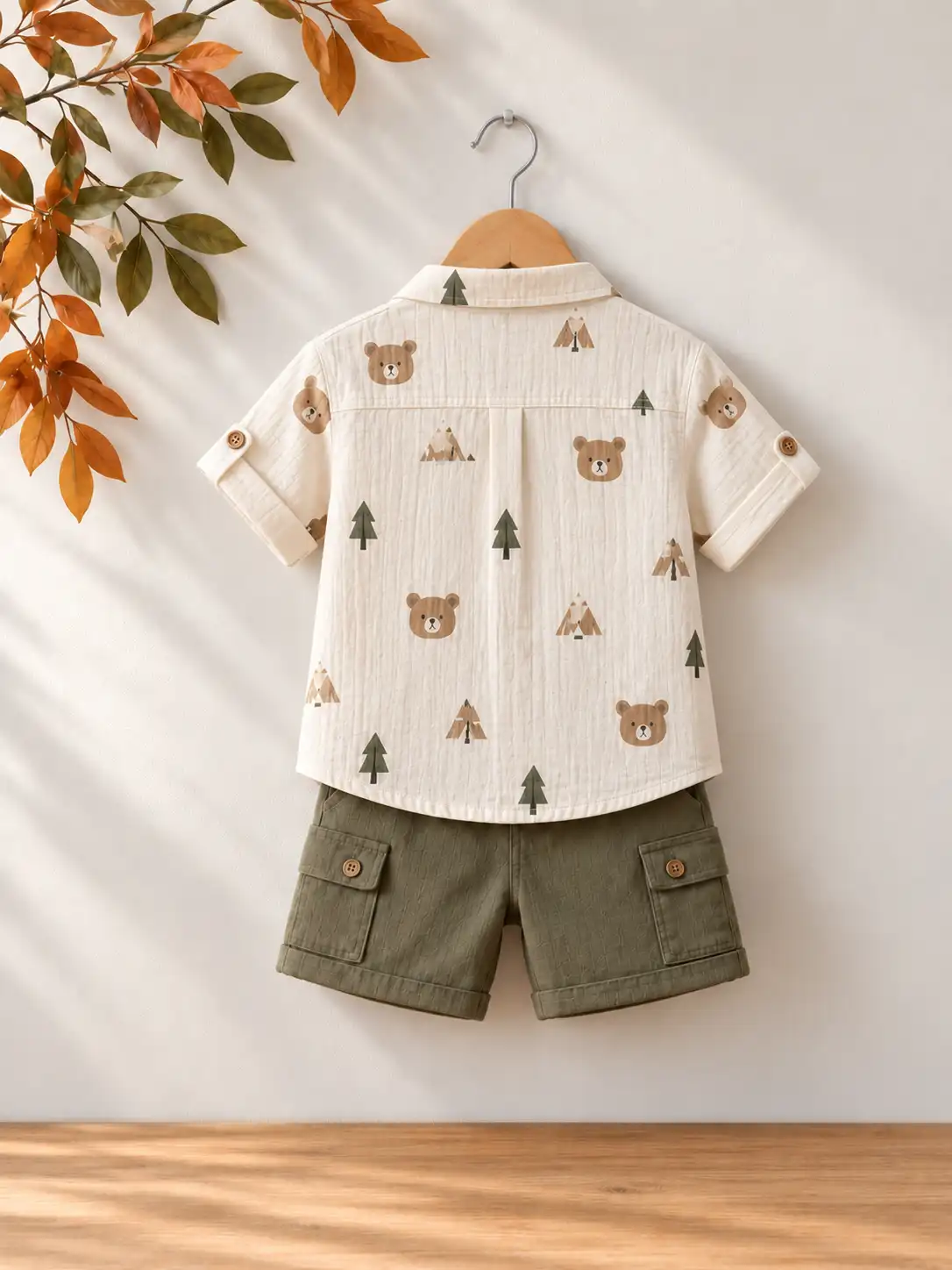 Back view of kids clothing displayed on a wooden hanger against a minimal wall with decorative foliage and a clean wooden surface.