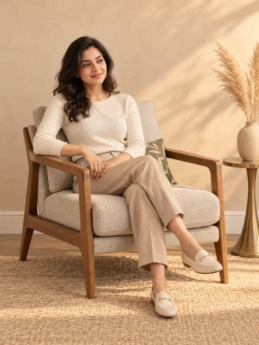 Adult model sitting naturally on furniture in a warm minimal interior with side table, ceramic vase, pampas grass and soft directional lighting.