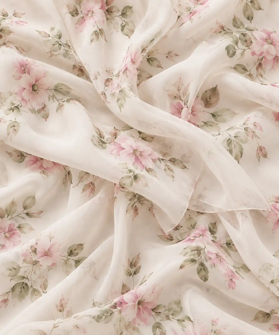 Ivory chiffon fabric with soft pink floral print, sage green leaves, sheer texture, and elegant flowing folds.