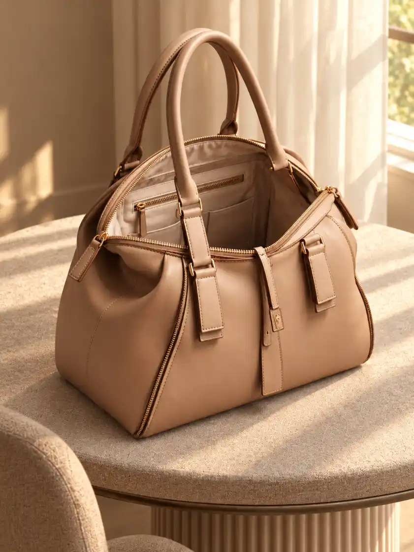 Open structured bag displayed on a textured table showing inner compartments, zipper sections, handles, and warm sunlight through sheer curtains.