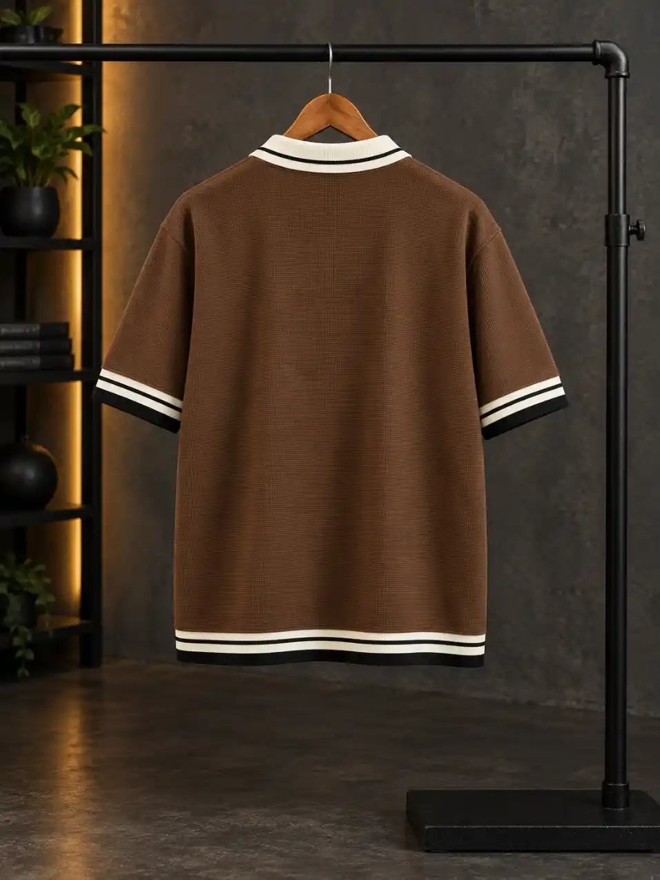 Back view of a men’s polo shirt hanging on a wooden hanger against a dark studio background with warm accent lighting.