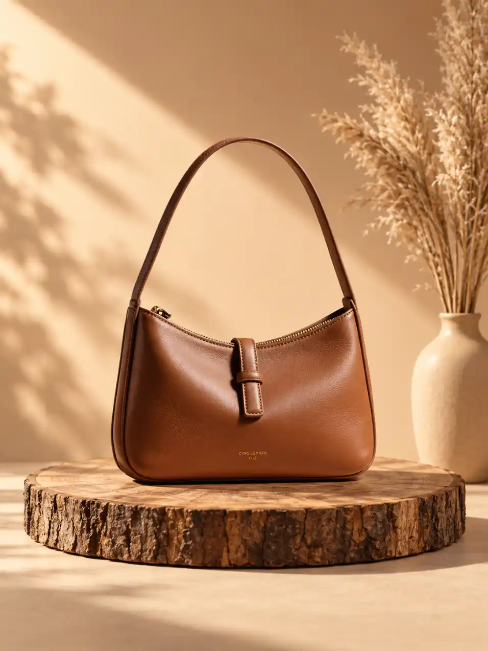 Front view of a handbag centered on a natural wooden pedestal with warm sunlight, soft plant shadows, neutral wall, and dried grass decor.