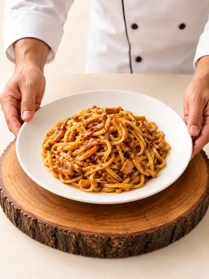 Chef placing a white plate of glossy stir-fried noodles on a rustic wooden slab.