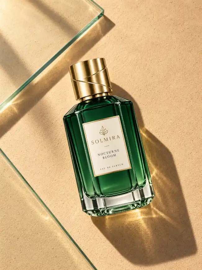 Luxury perfume product on warm beige glass studio set