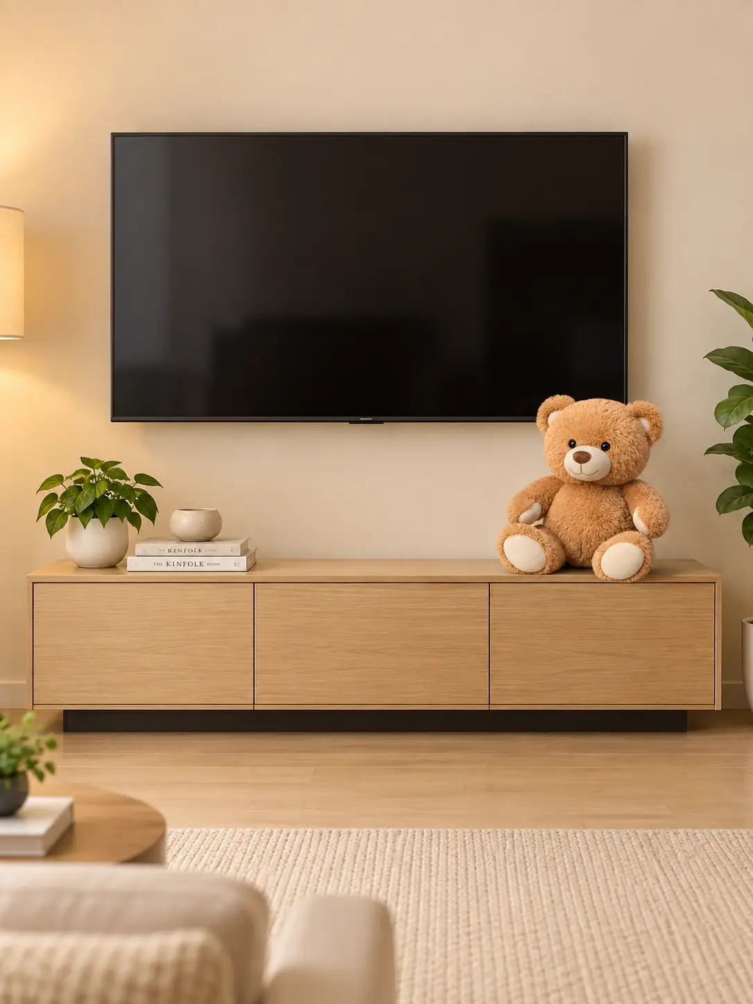 Teddy toy displayed on a wooden TV console in a warm room