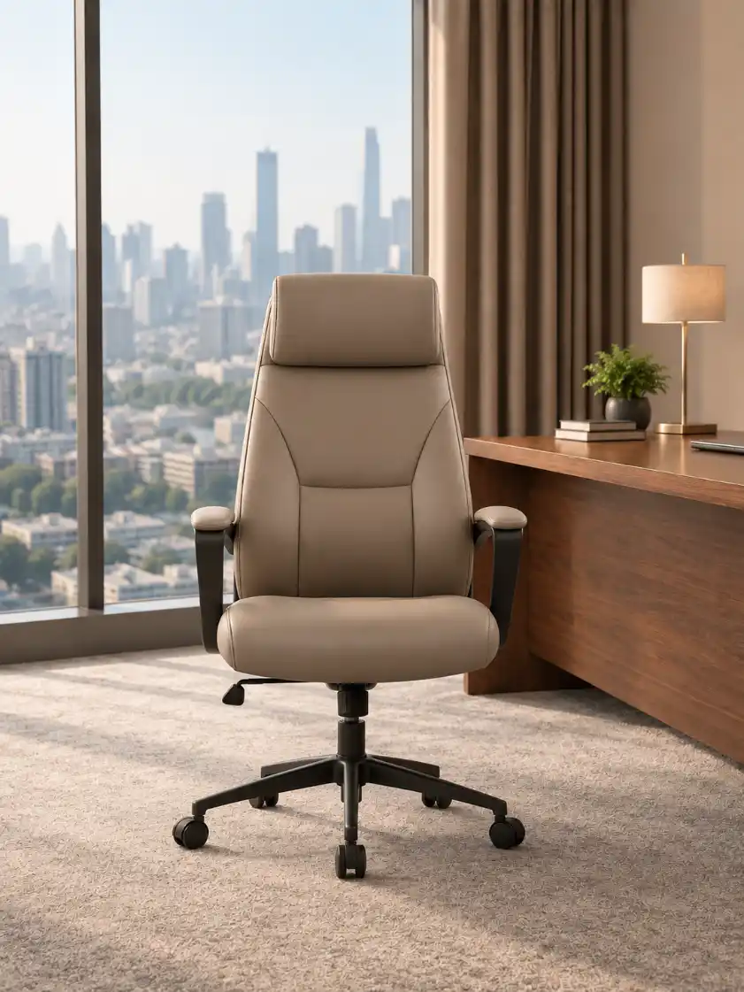 Premium executive office scene with large city-view window, wooden desk, curtains, neutral carpet, and natural daylight.