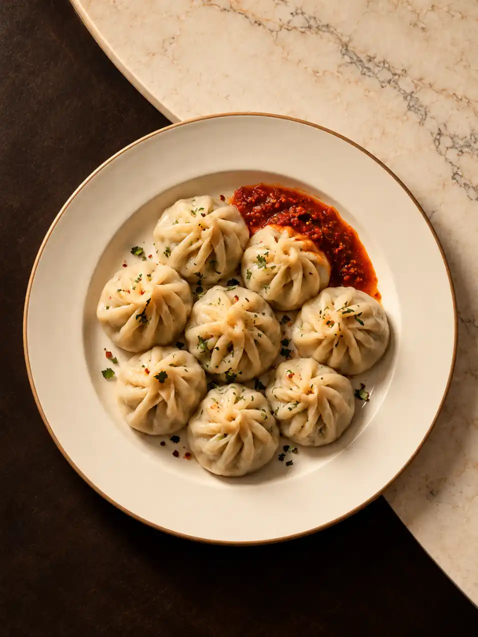 Steamed momos served with spicy red chutney on an ivory plate in a premium overhead food photography setup.