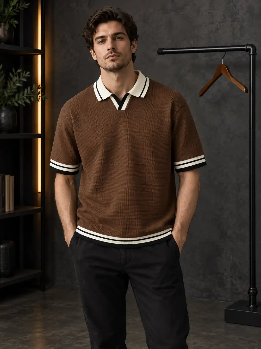 Male model wearing a polo shirt with dark trousers in a modern studio featuring warm accent lighting and a minimalist clothing rack.