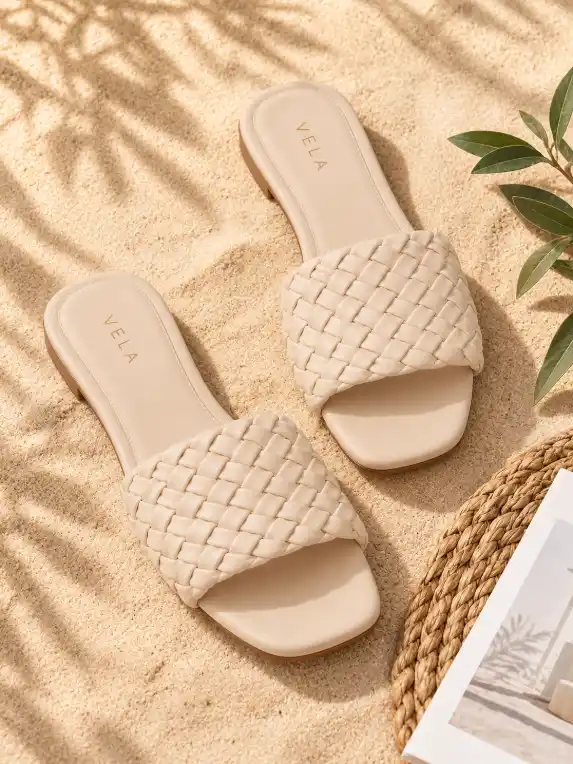 Two women’s flat sandals arranged on warm beige sand with woven mat, white magazine and green botanical styling.