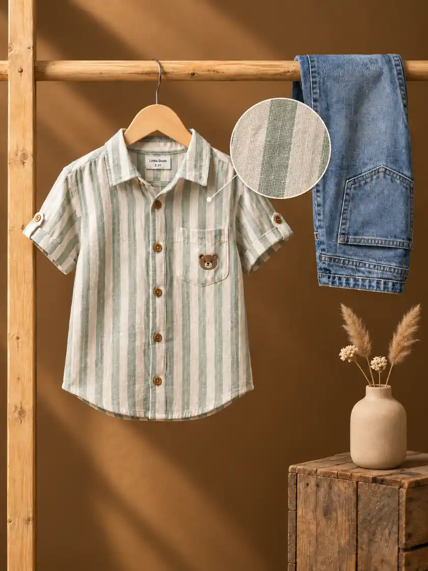 Clothing displayed on a rustic wooden rack with exact fabric texture and a circular magnified detail in a warm studio setting.