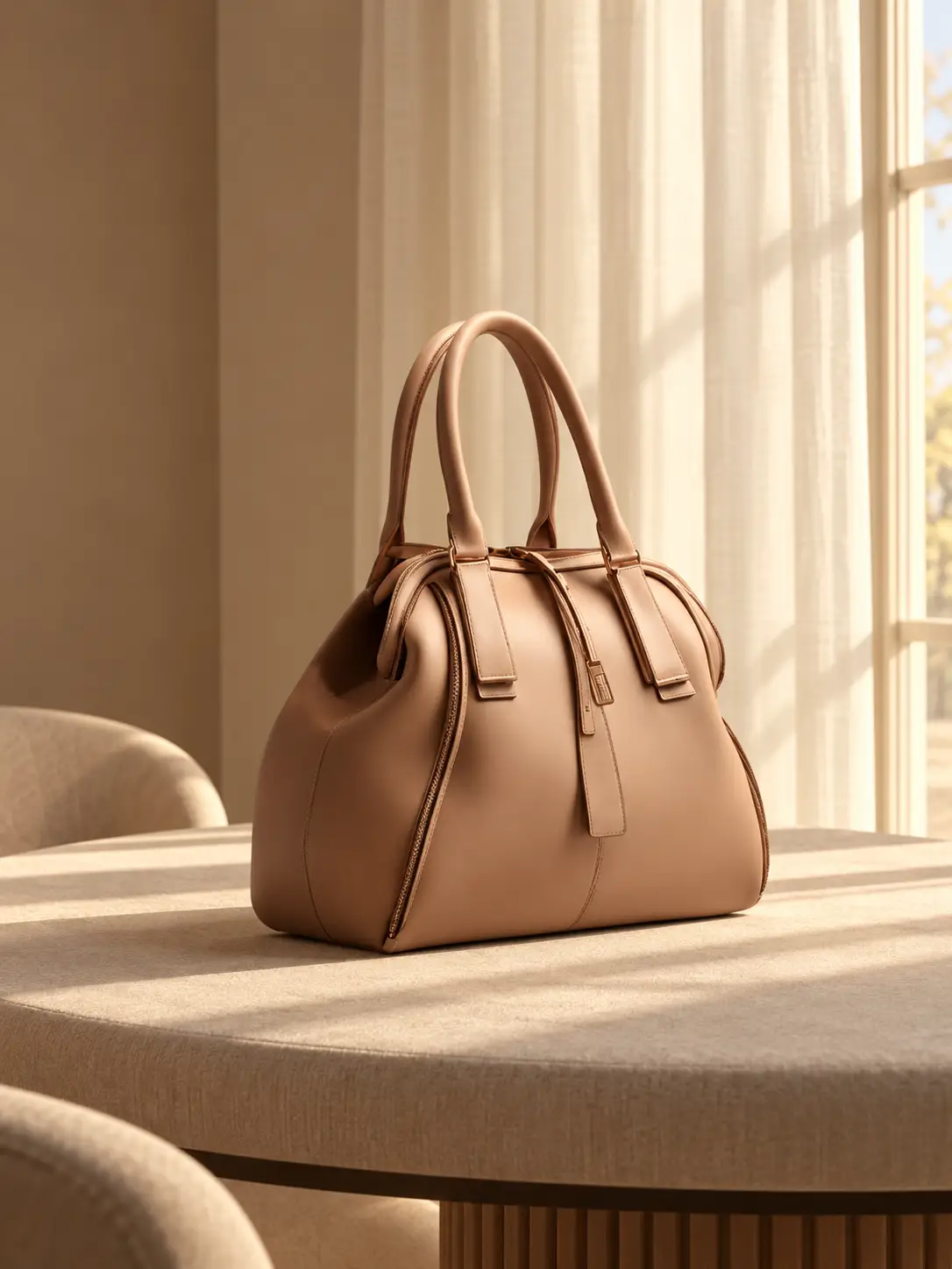 Front view of a structured bag on a textured table with sheer curtains, soft window light, warm neutral tones, and elegant interior styling.