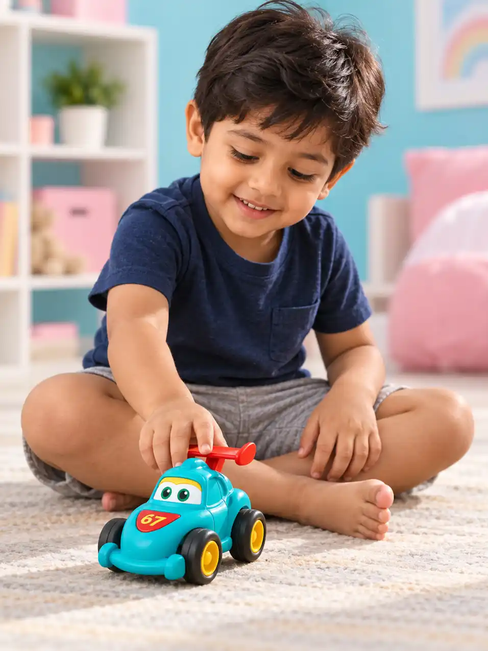 Child naturally playing with a toy in a pastel blue and pink room