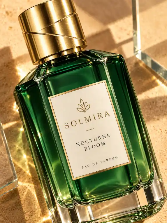 Luxury perfume close-up on warm sandstone glass set