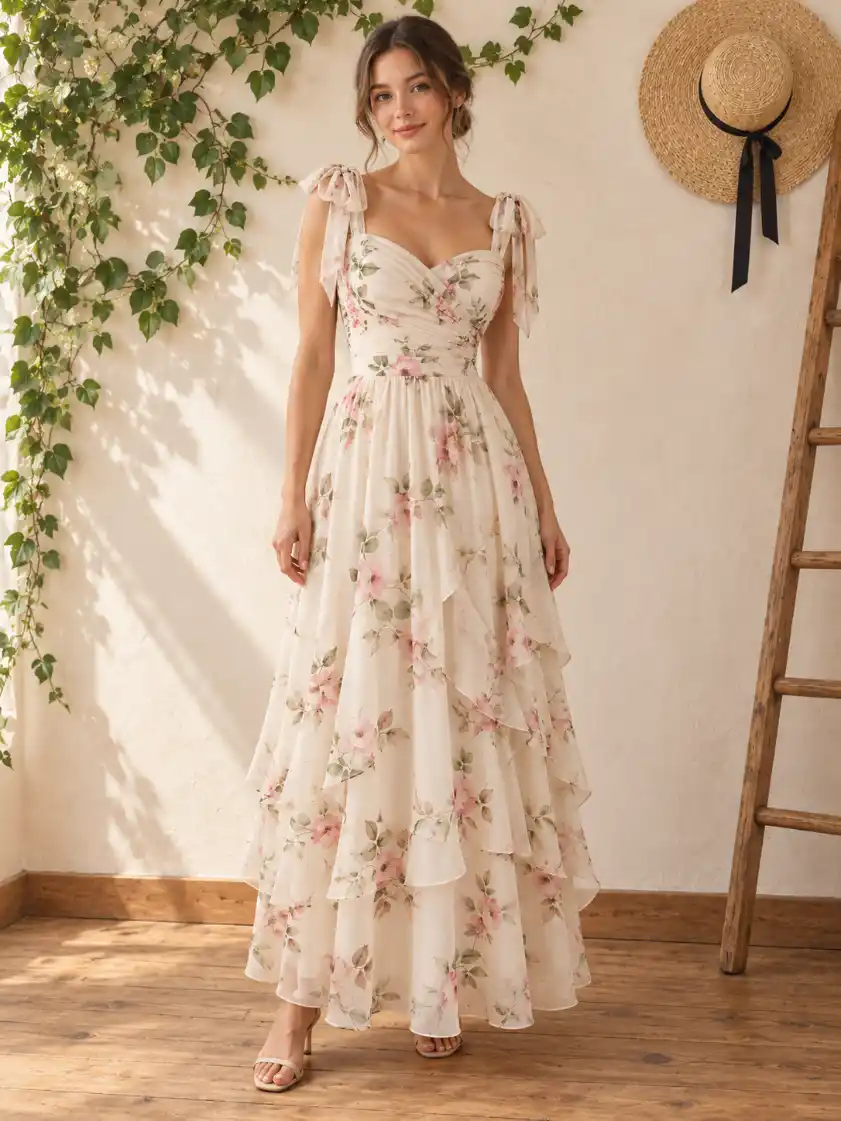 Female model wearing an ivory floral maxi dress with tie straps, ruched bodice and layered skirt in a warm minimalist boutique interior.