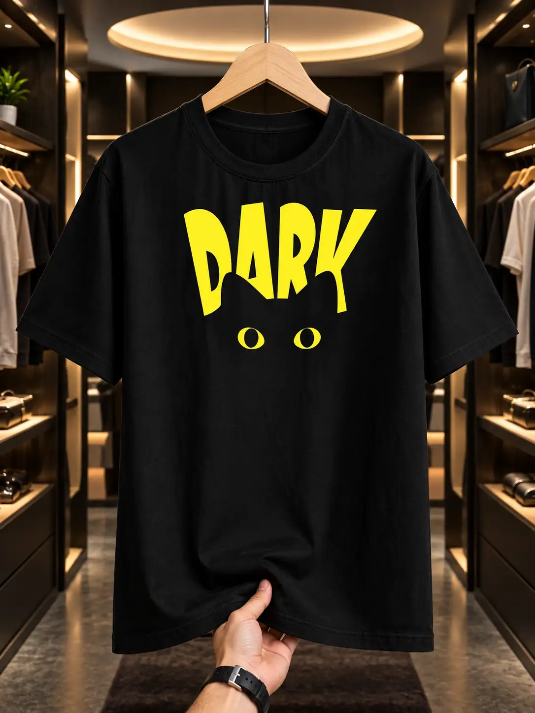 Front-facing graphic garment display on a wooden hanger inside a warm illuminated luxury closet with symmetrical composition.