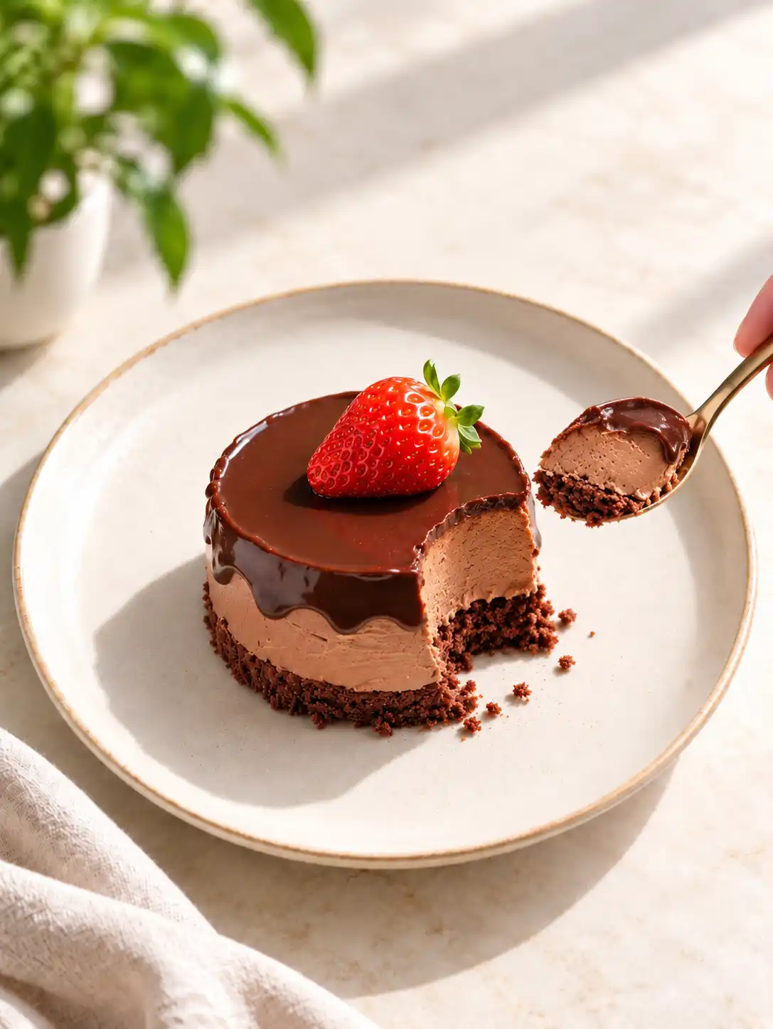Chocolate mousse cake topped with glossy ganache and fresh strawberry, with a small bite lifted by a fork on an ivory ceramic plate.