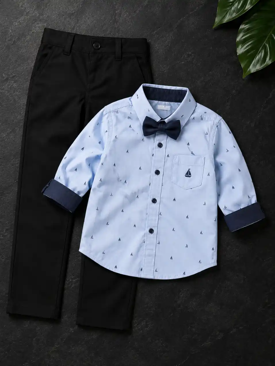 Premium clothing flat lay on a dark charcoal surface with black trousers, tropical leaves, soft shadows, and elegant commercial styling.