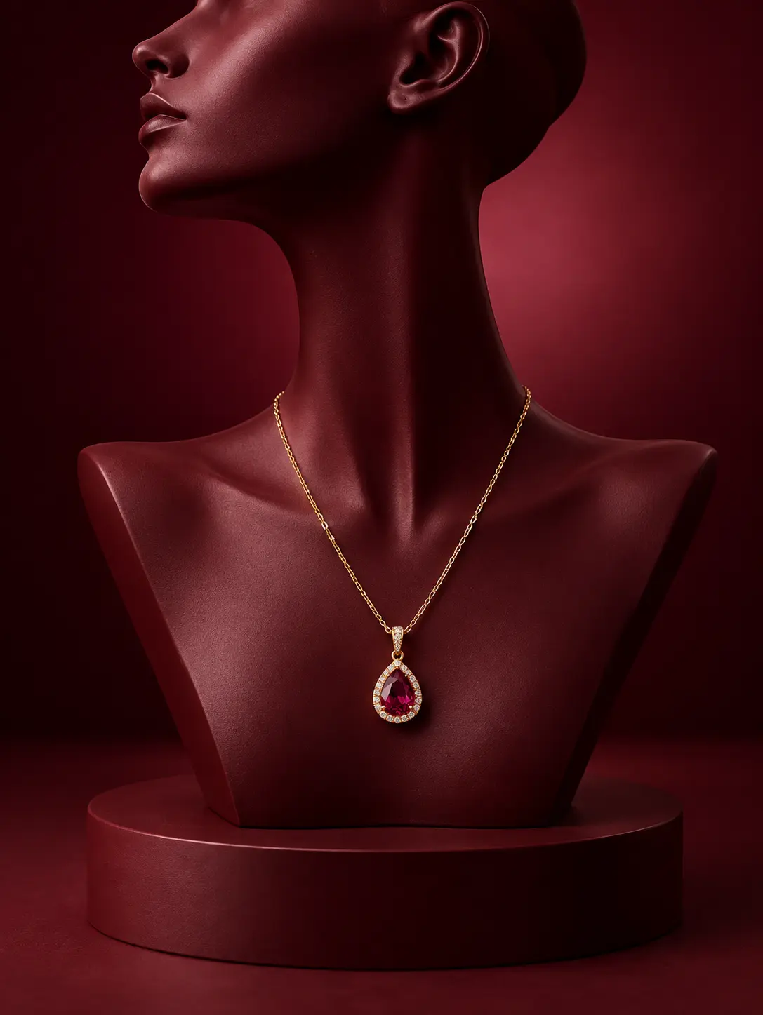 Gold necklace with ruby pendant displayed on a deep burgundy sculptural jewelry bust and round pedestal.