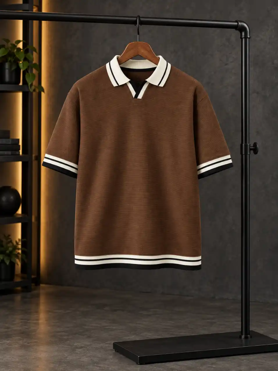 Front view of a men’s polo shirt hanging on a wooden hanger in a dark studio with warm accent lighting and a minimalist clothing rack.