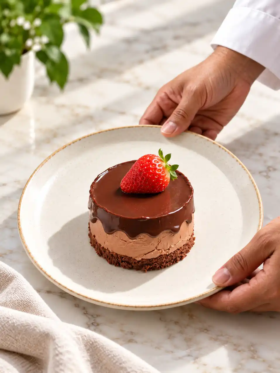 Chocolate ganache mousse dessert topped with a fresh strawberry on a ceramic plate as a chef places the finished dish on a bright marble table.