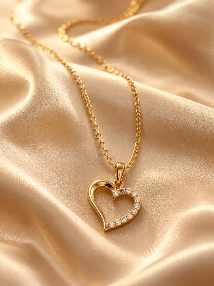 Gold heart pendant necklace with sparkling stones displayed on champagne satin fabric.