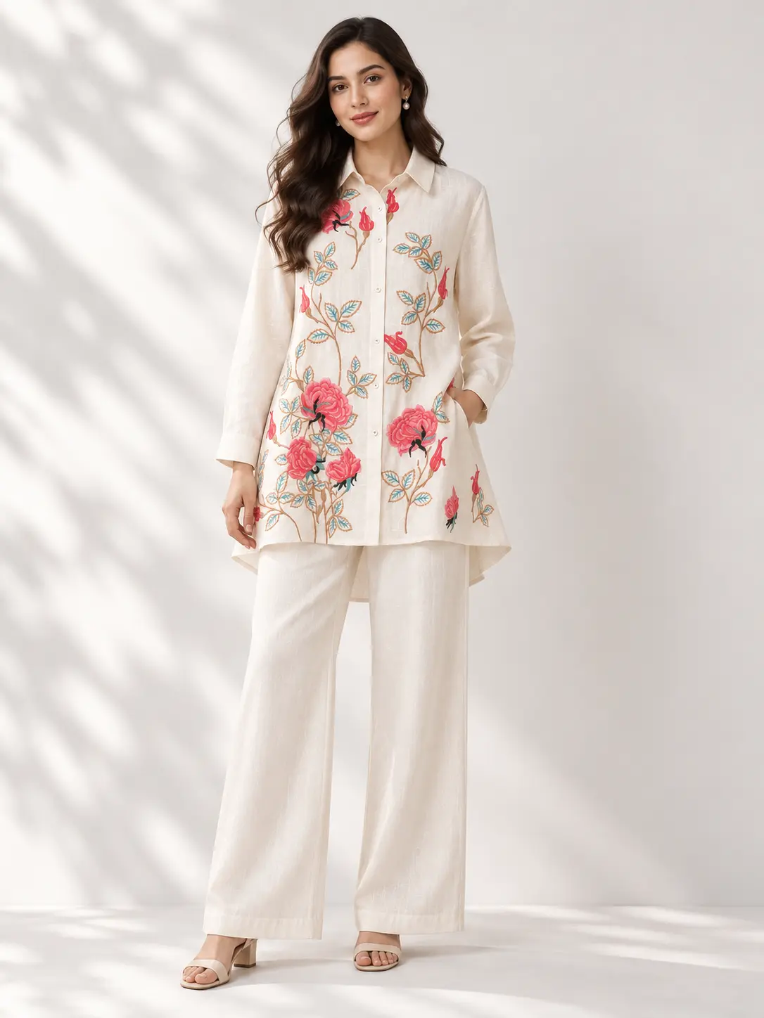 AI female model wearing a cream floral kurti with pink rose designs and matching wide-leg pants in a minimalist studio.