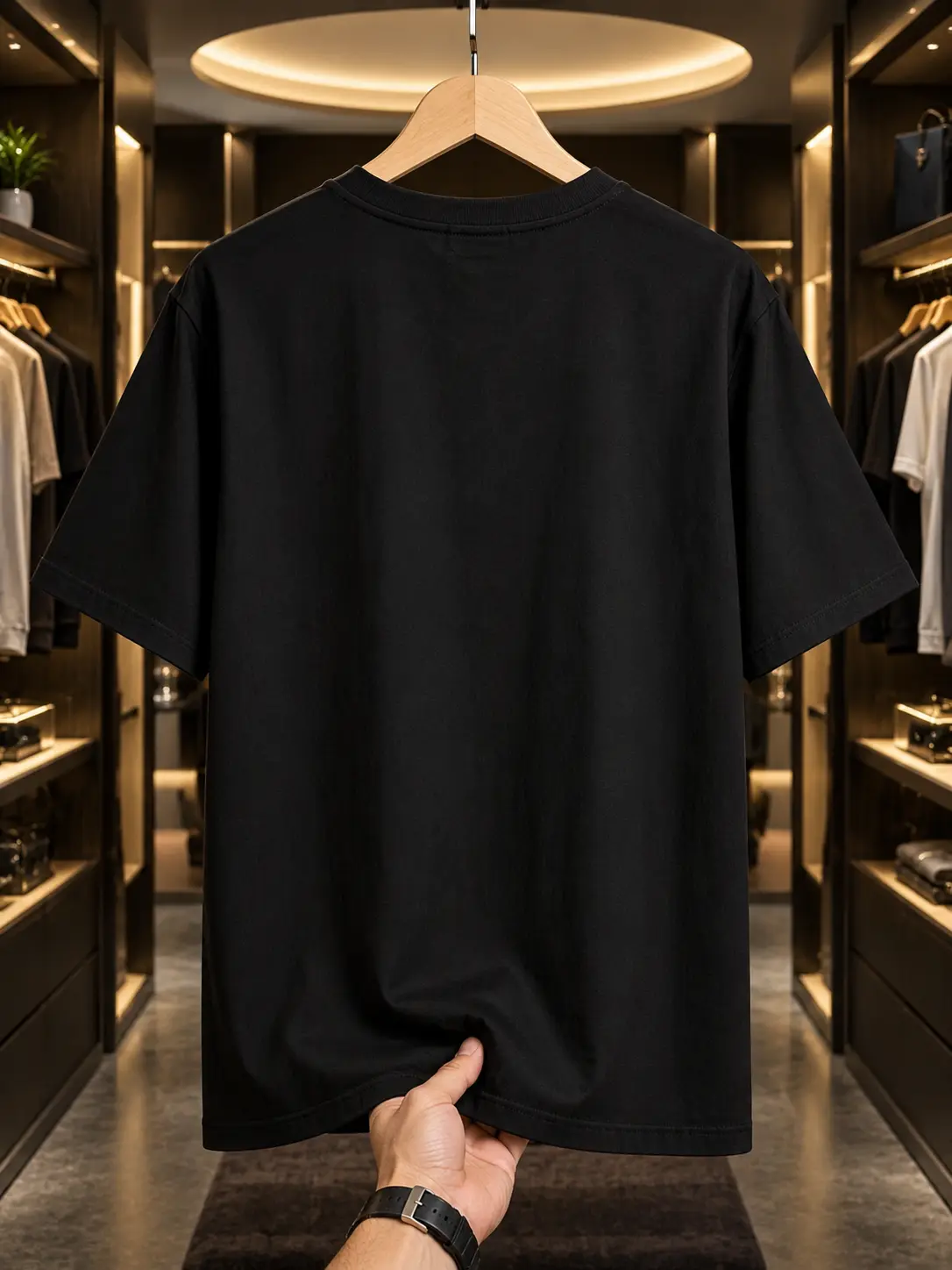 Back-view hanging display centered inside a luxury wardrobe with warm lighting, wooden hanger, and elegant retail interior.