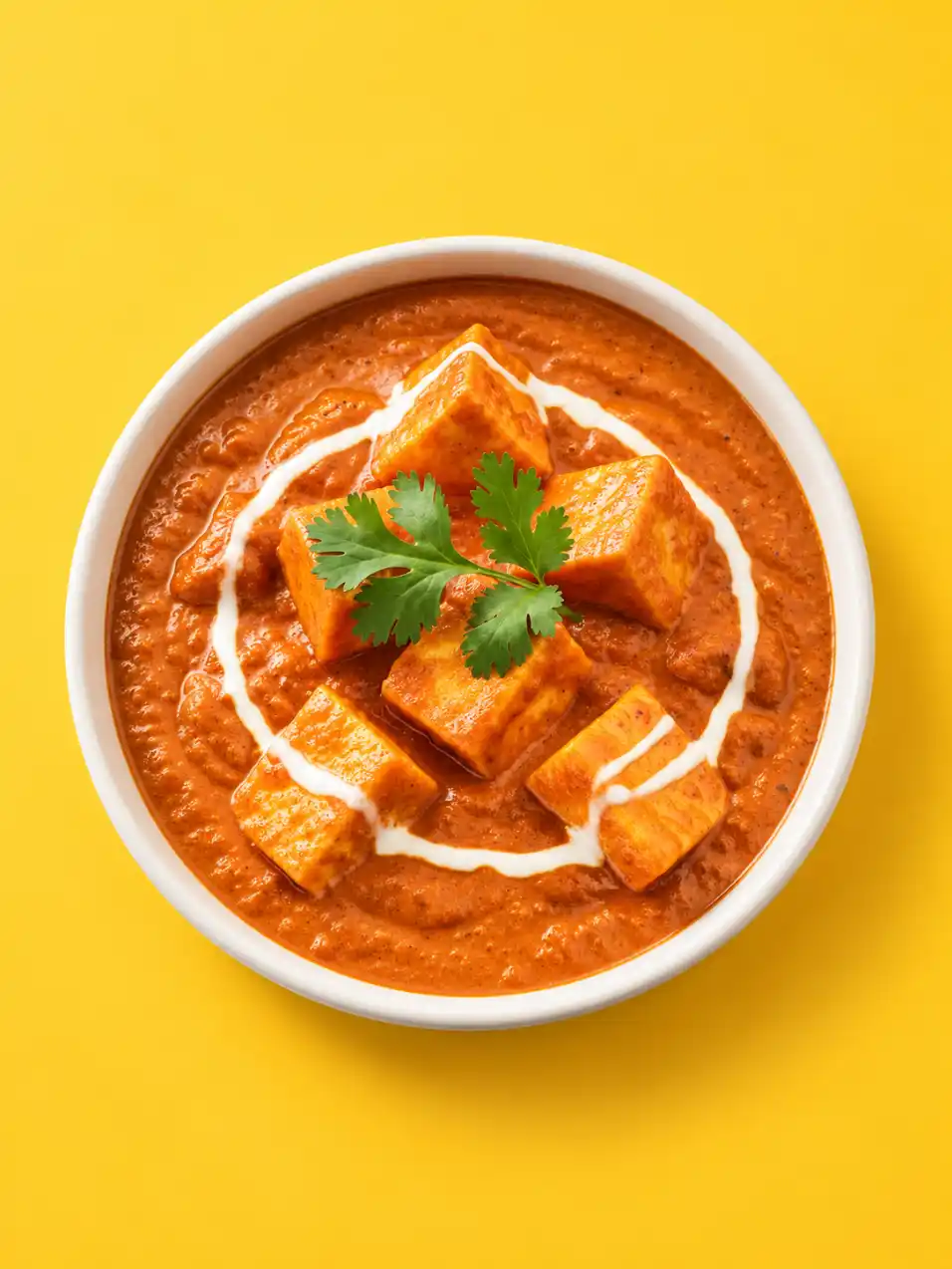 Overhead paneer curry in a white ceramic bowl on a yellow background.