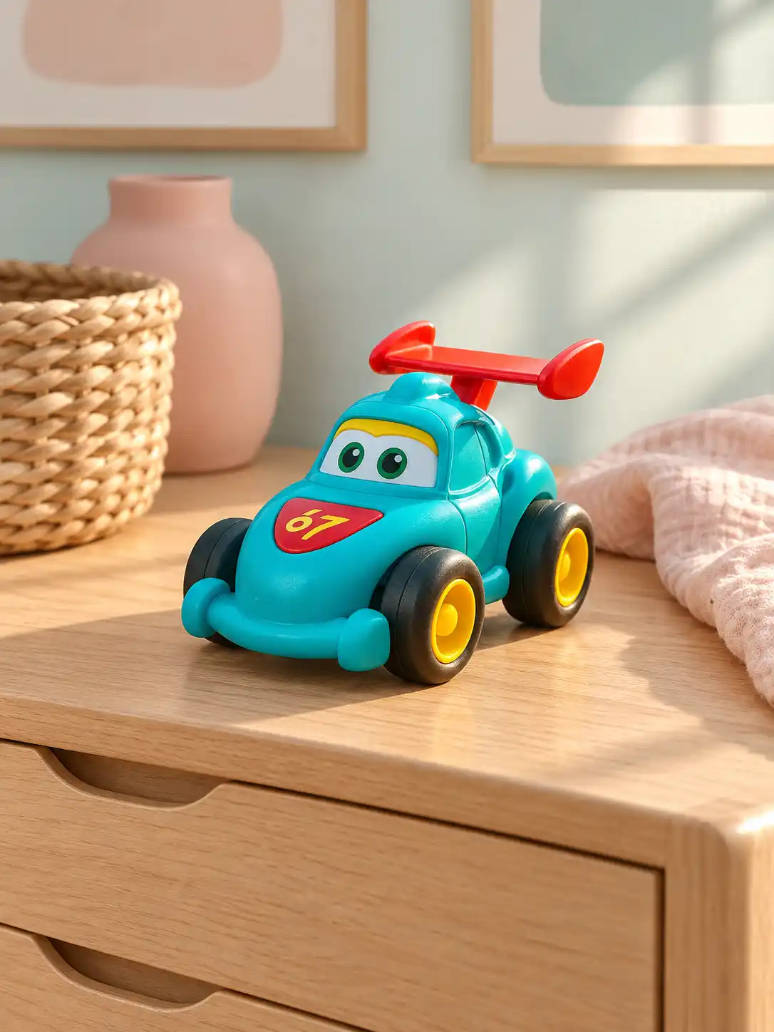 Toy product displayed on a light wood nursery dresser in a pastel room