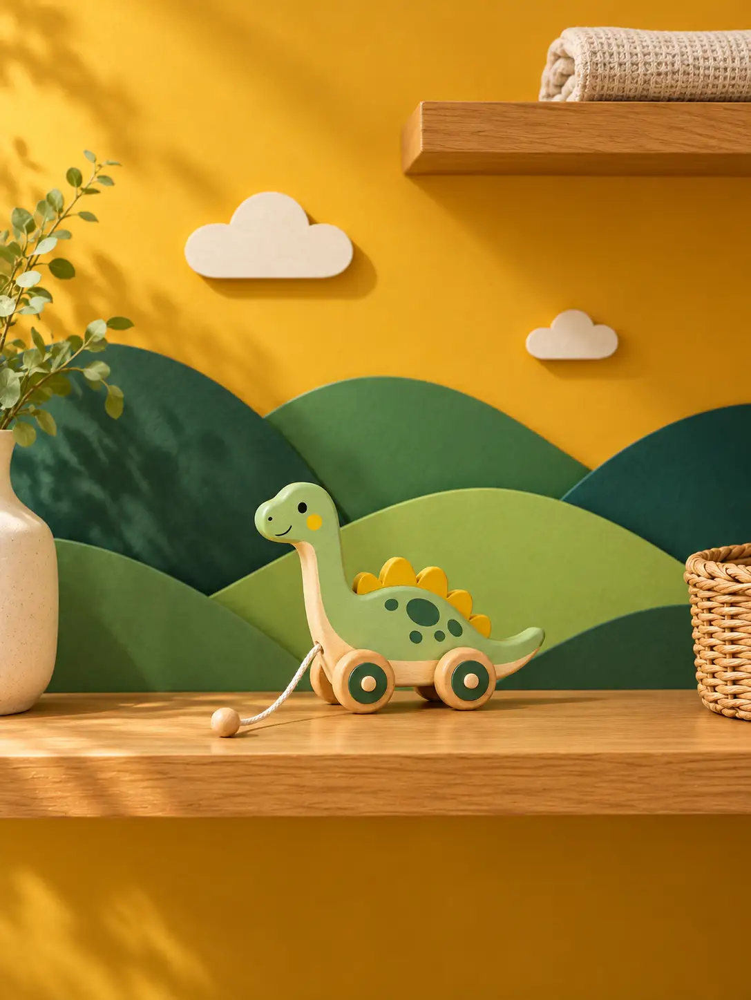 Toy product on wooden nursery shelf with mustard and green background