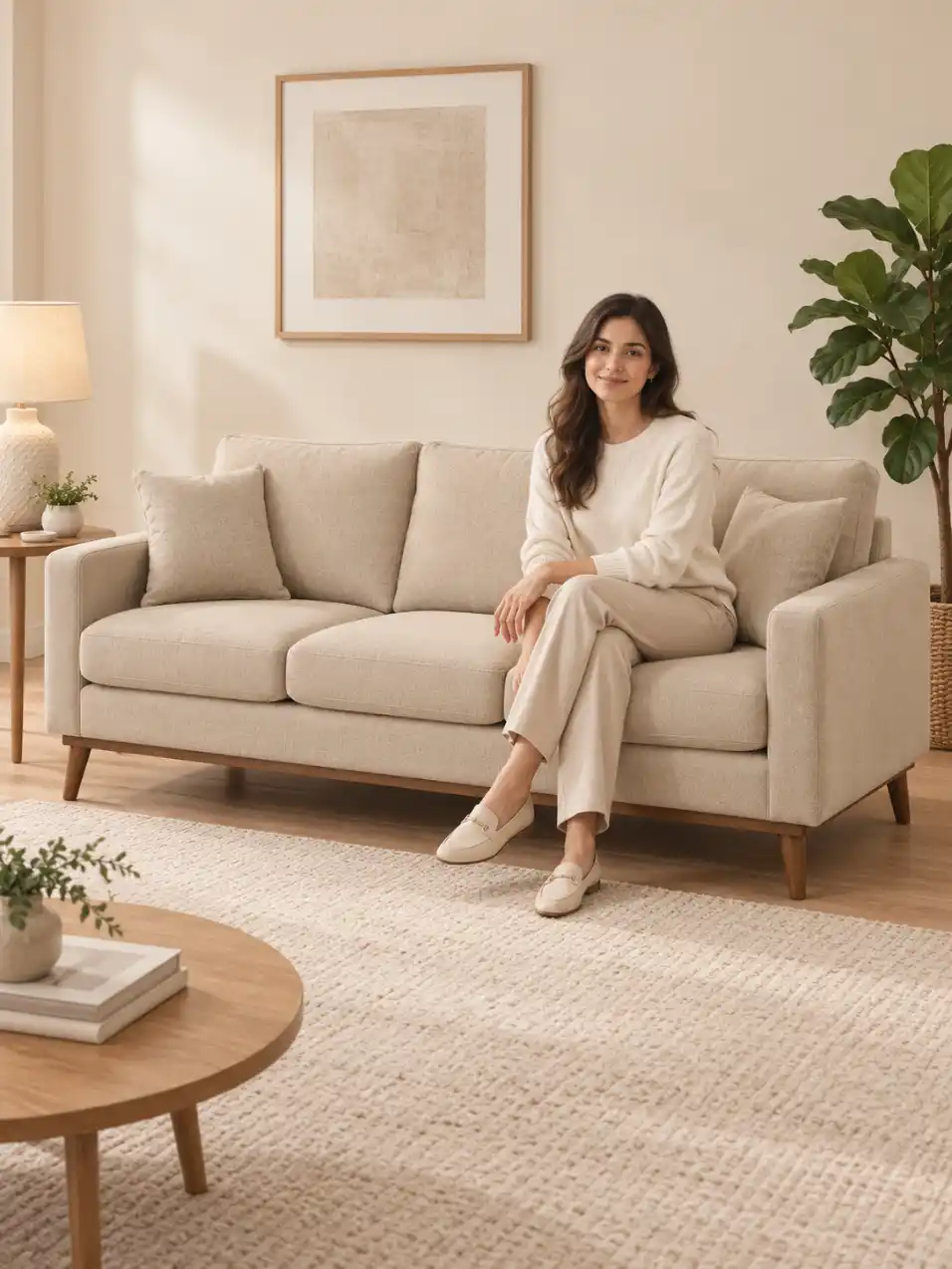 Model sitting naturally on furniture in a warm minimalist living room with wooden flooring, neutral rug, side table, lamp, wall art and indoor plant.