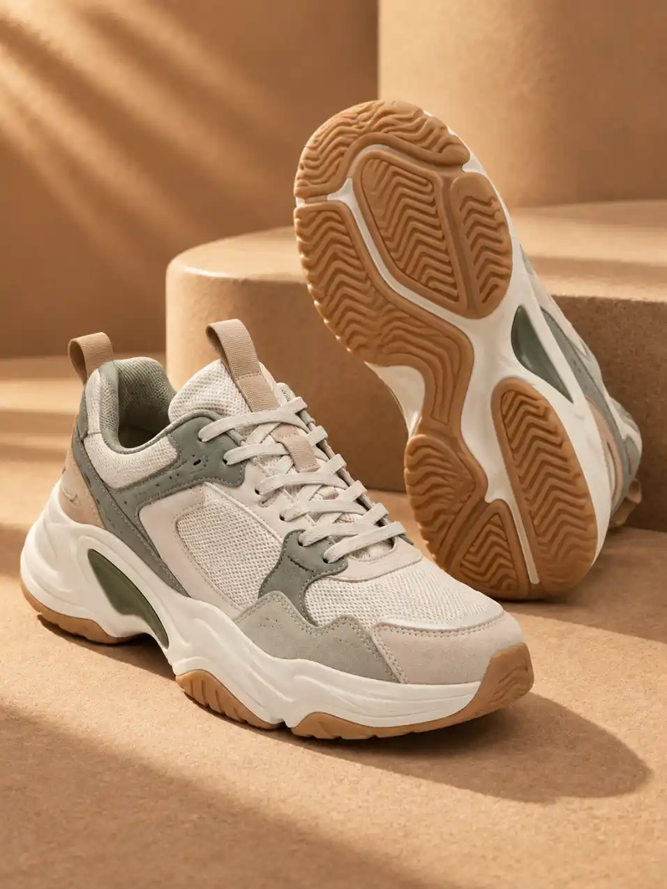 Pair of sneakers displayed in front and outsole views on a warm caramel studio set with soft cinematic shadows and premium editorial styling.