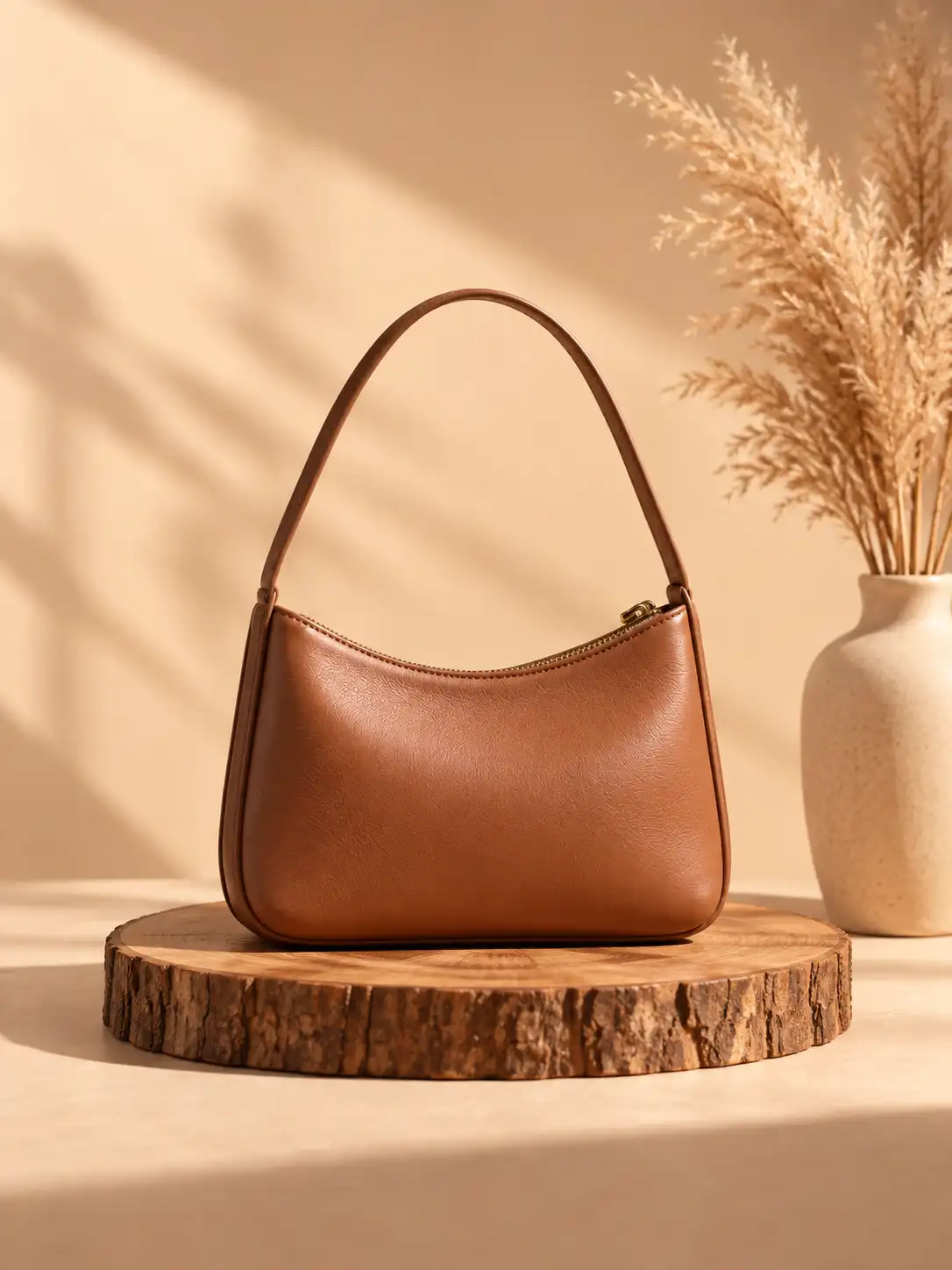 Back view of a handbag displayed on a rustic wooden pedestal with warm sunlight, beige background, dried grass, and soft natural shadows.