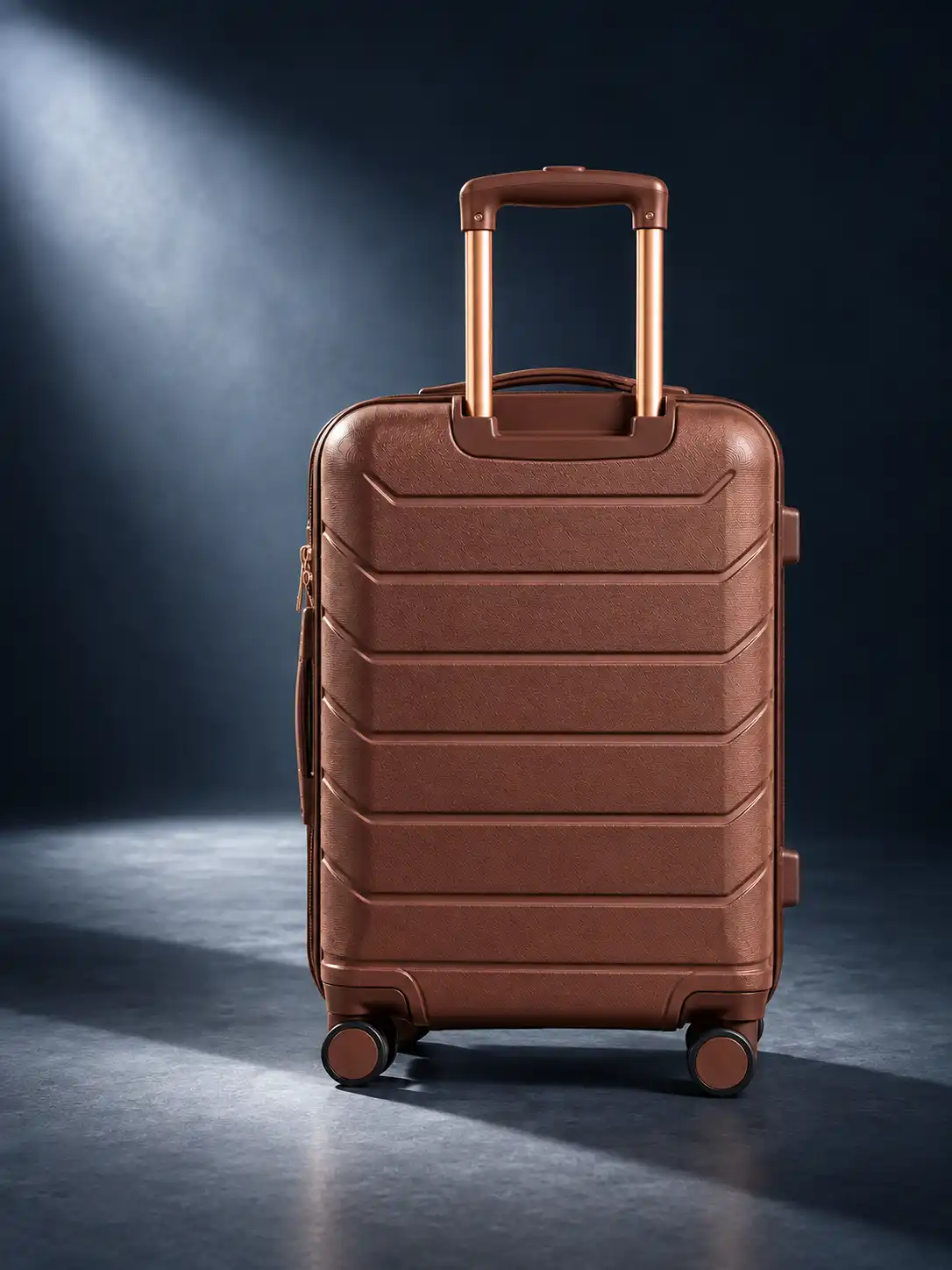 Back view of a hard-shell suitcase with extended handle and wheels photographed under dramatic studio lighting on a dark textured floor.