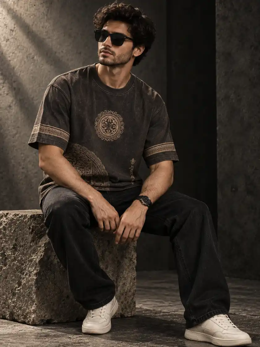 Male model wearing a graphic T-shirt with dark trousers and sunglasses in an industrial studio with dramatic directional lighting.
