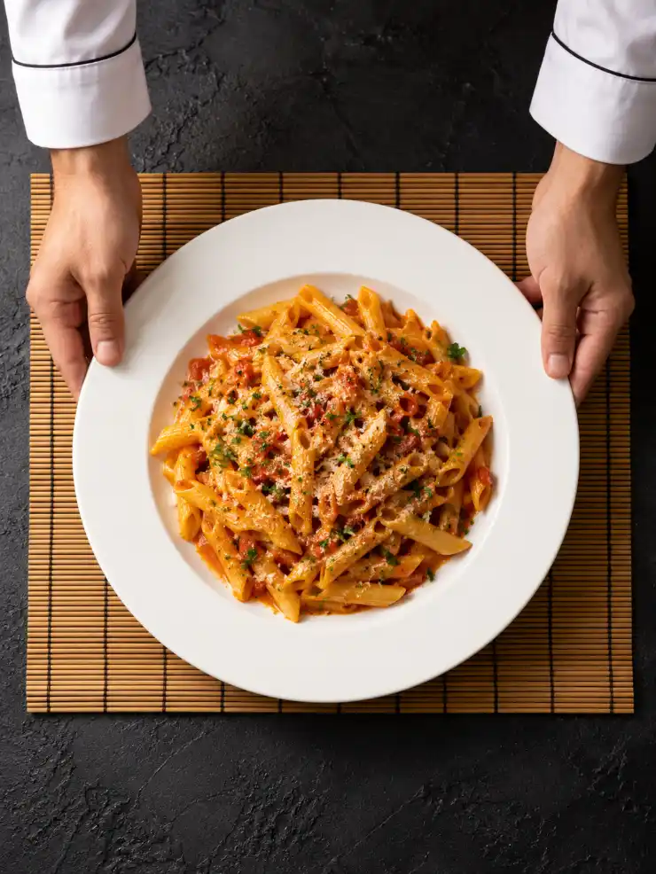 Chef serving a white plate of penne pasta with tomato sauce, herbs and cheese on a bamboo mat over a dark textured background.