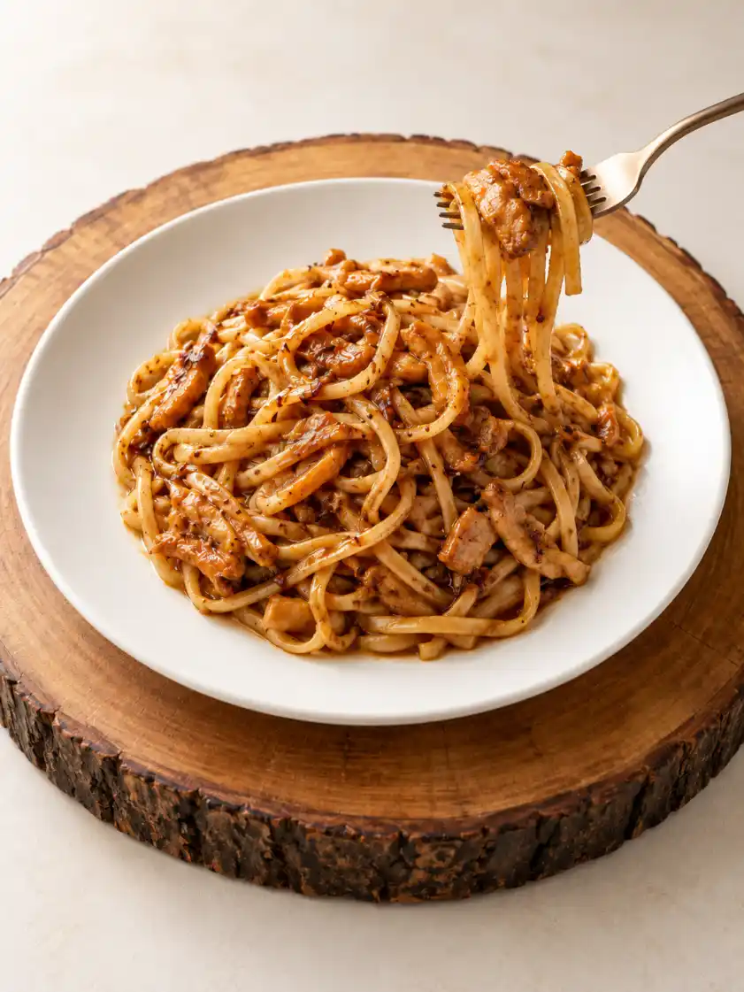 Fork lifting glossy chicken stir-fried noodles from a white plate on a rustic wooden slab.