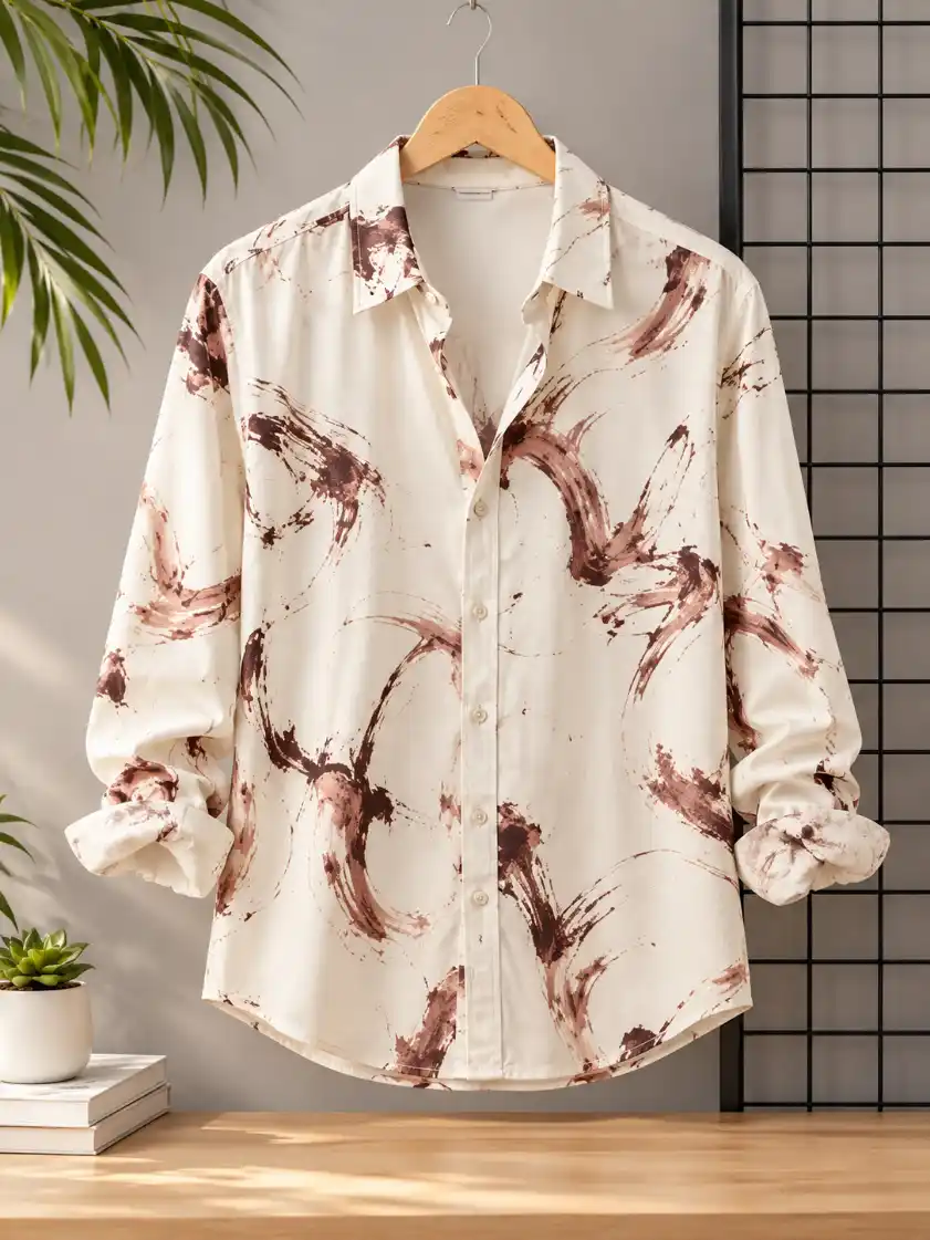 Grey graphic shirt hanging on a wooden hanger against a modern grey retail background.
