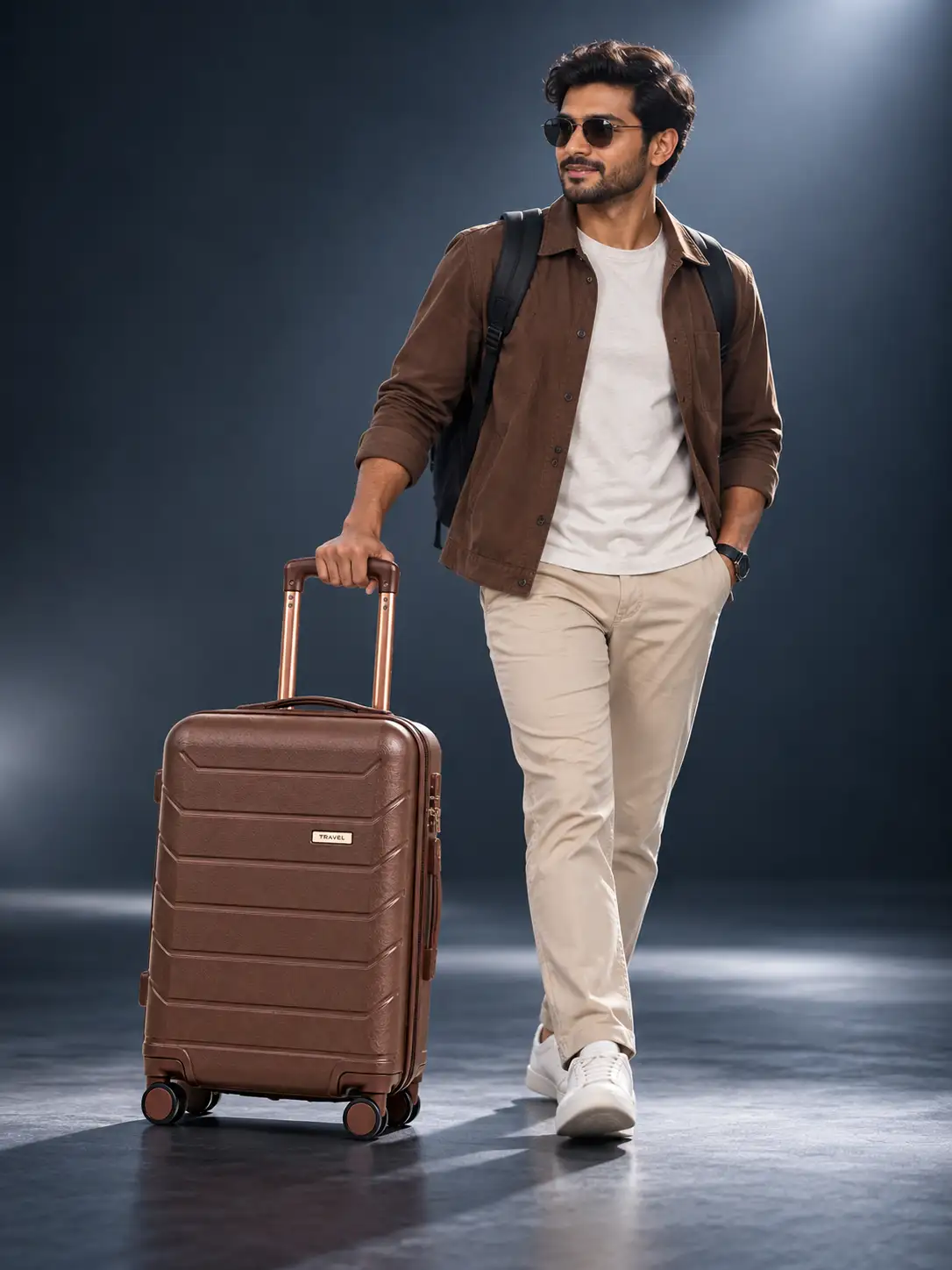 Male travel model walking while pulling a rolling suitcase in a dark studio with cinematic lighting, casual styling, and a premium travel mood.