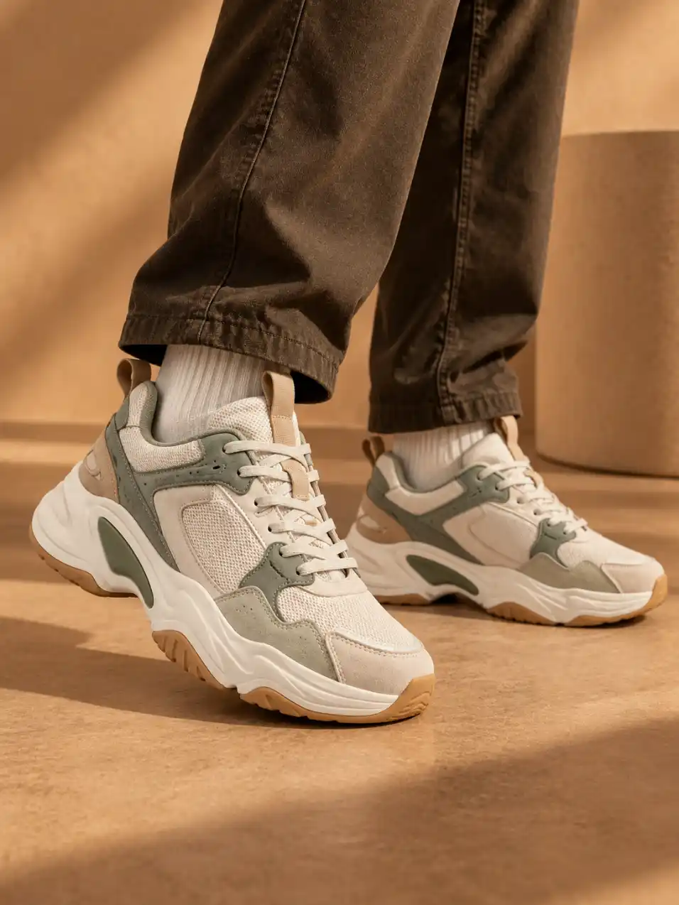 Model wearing premium sneakers in a warm caramel studio with soft cinematic lighting and an editorial footwear photography style.