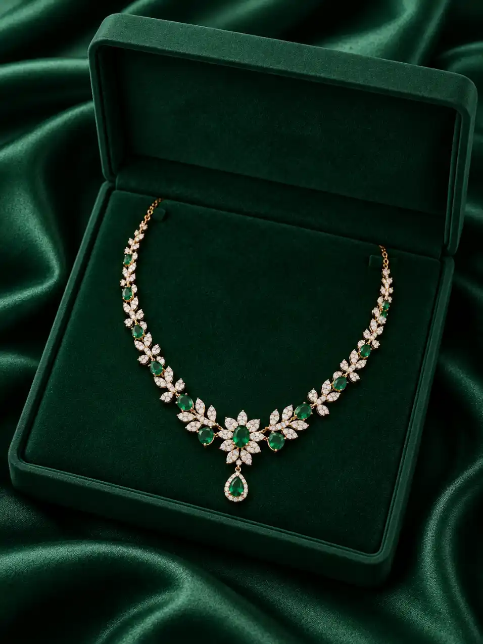 Luxury necklace displayed in a deep emerald green jewelry box