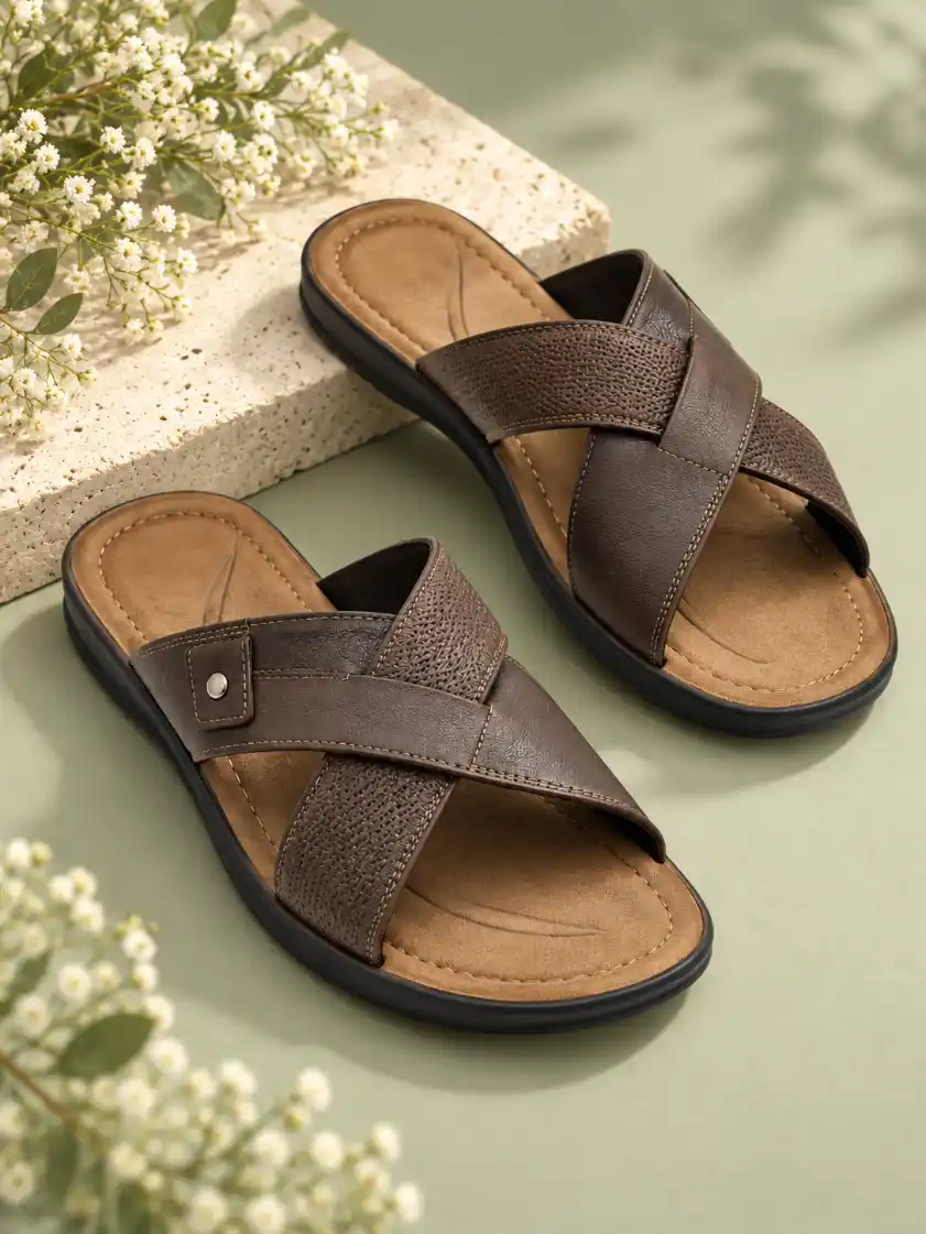 Elegant footwear pair styled on a soft sage green background with a natural stone pedestal, white flowers, and warm sunlight.