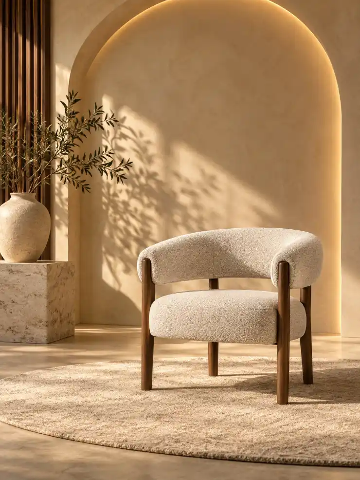 Side view of a chair in a warm luxury interior with a sculptural arch, neutral rug, stone pedestal, ceramic vase, and sunlight.