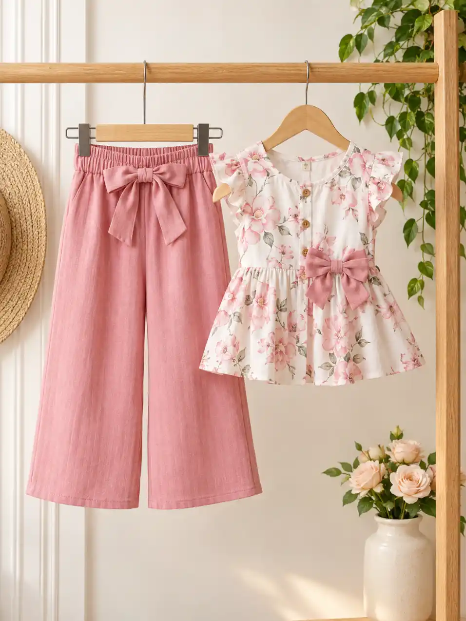 Clothing set displayed on wooden hangers in a minimal boutique setup with soft flowers, greenery, and natural studio lighting.