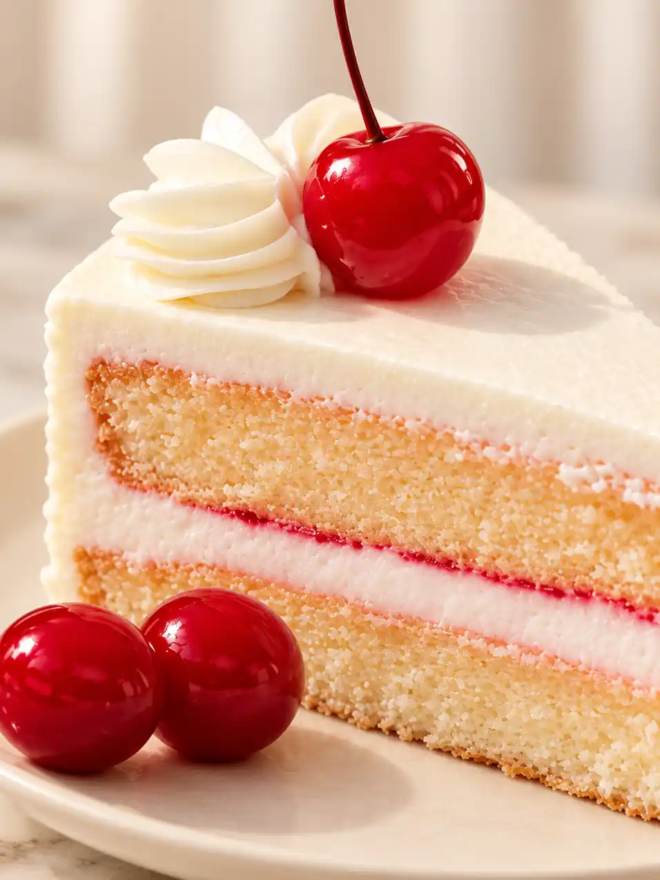 Extreme close-up of cherry vanilla layer cake with white frosting, red filling, whipped cream and glossy cherries on an ivory plate.
