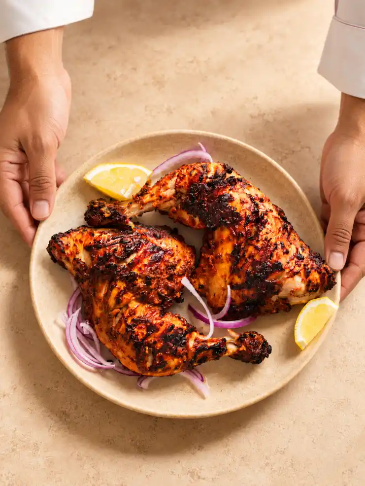 Chef placing a warm beige plate of charred tandoori chicken with lemon wedges and sliced red onions.