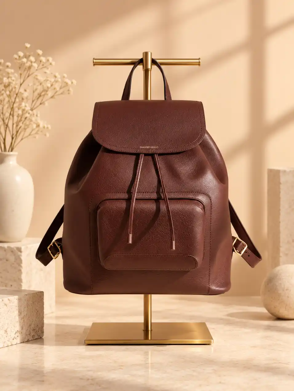Front view of a structured backpack displayed on a gold stand with warm window shadows, stone accents, floral decor, and a neutral studio background.